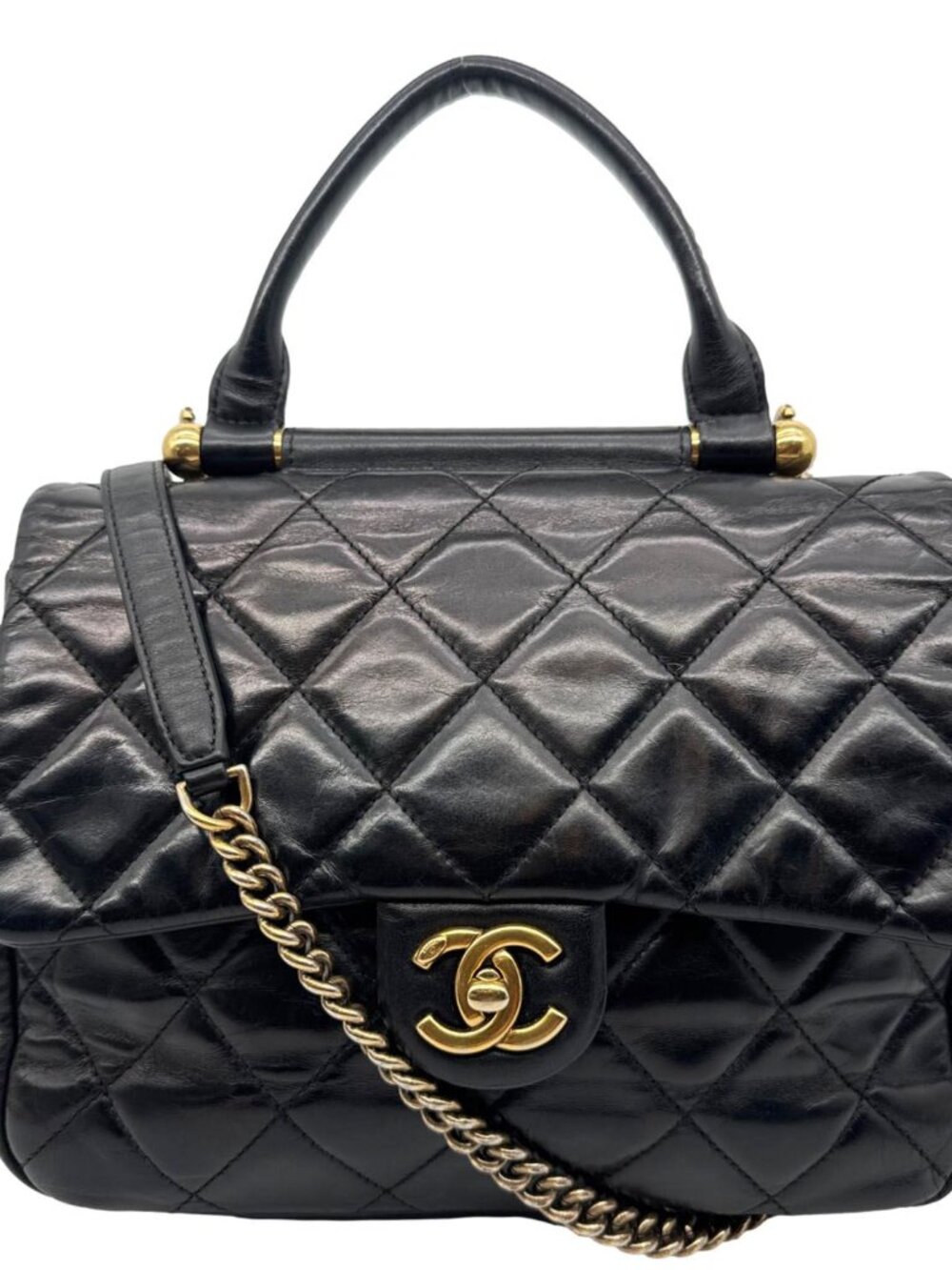 Gold Bar Top Handle Flap Medium Quilted Calfskin Leather Shoulder Bag Black